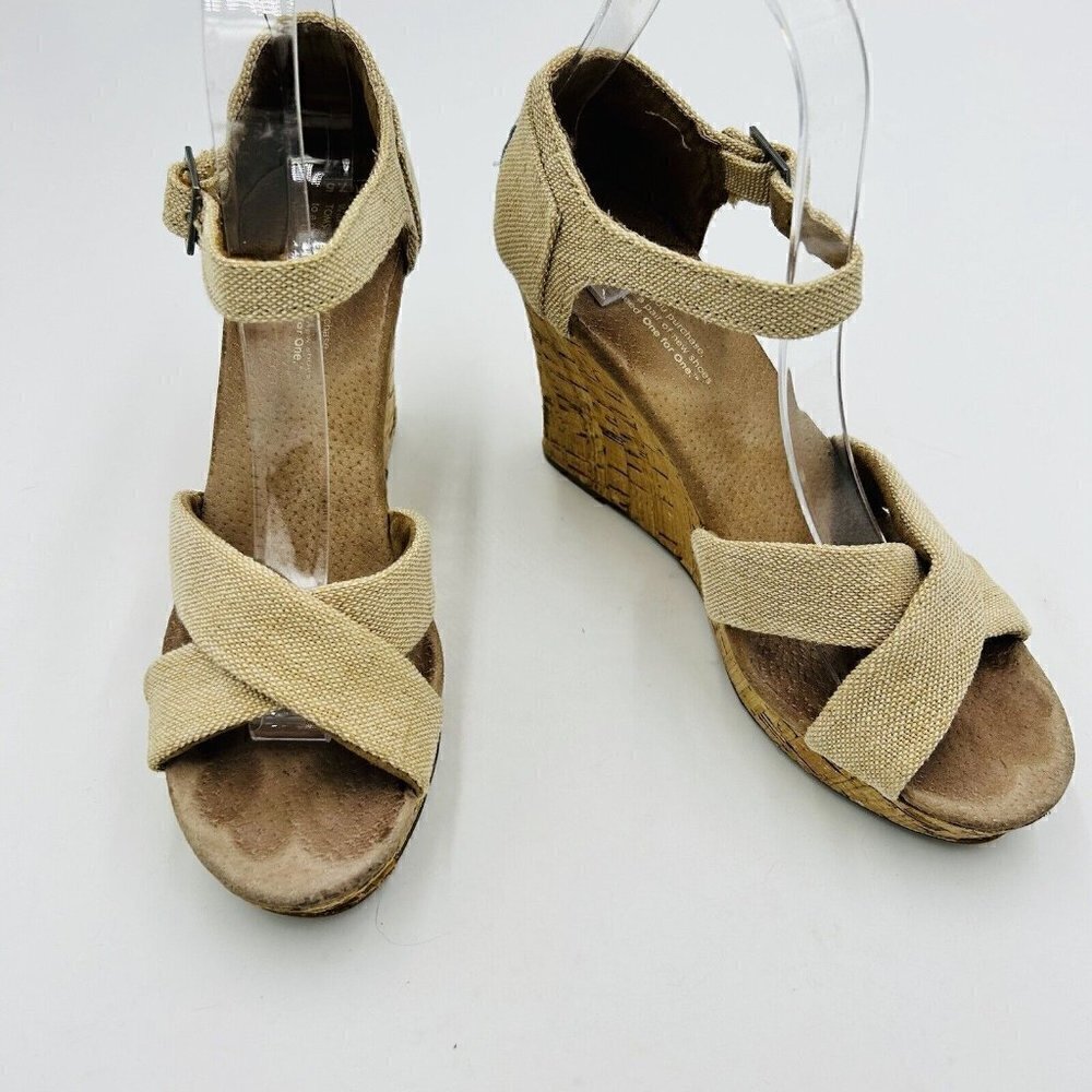 TOMS Natural Linen Tan Cork 4" Wedge Strappy Sandal Shoe Size 7.5
